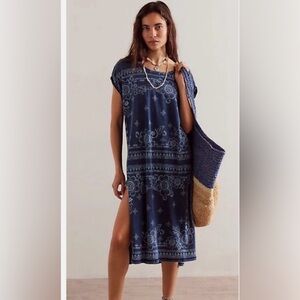 NWT Free People Bandana Print Maxi Tee Dress | Indigo | Medium